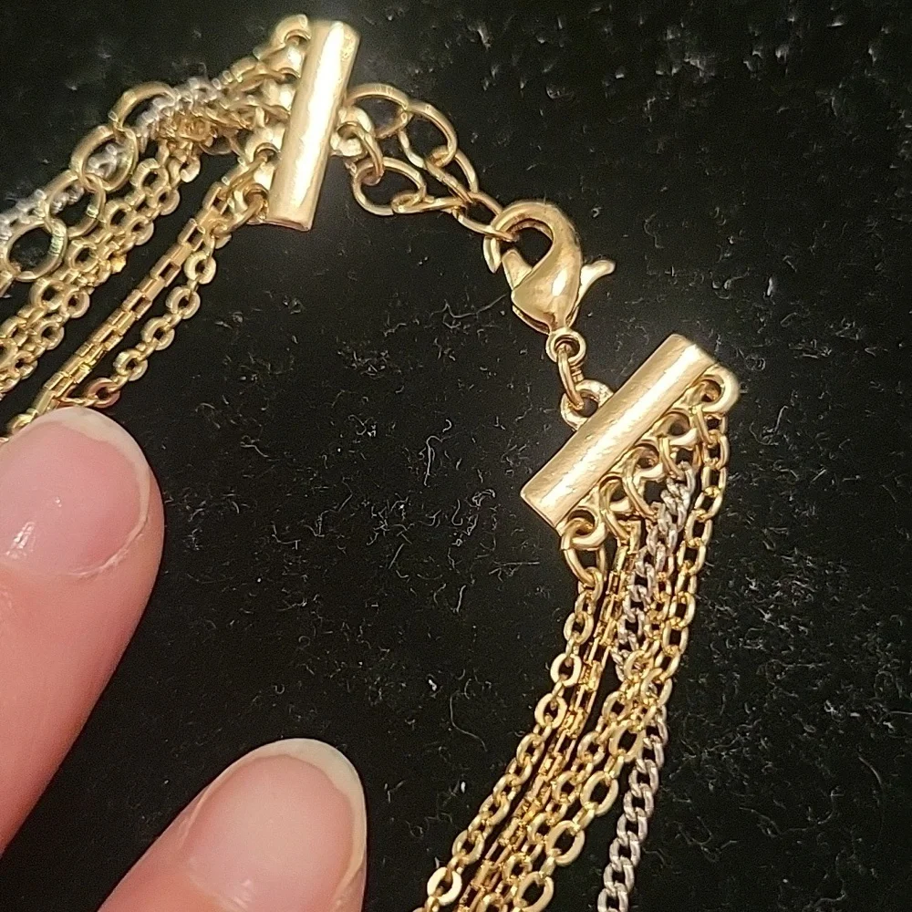 Gold Tone White Pearlized Round Shell Multi Chain Layered Necklace - Picture 4 of 4